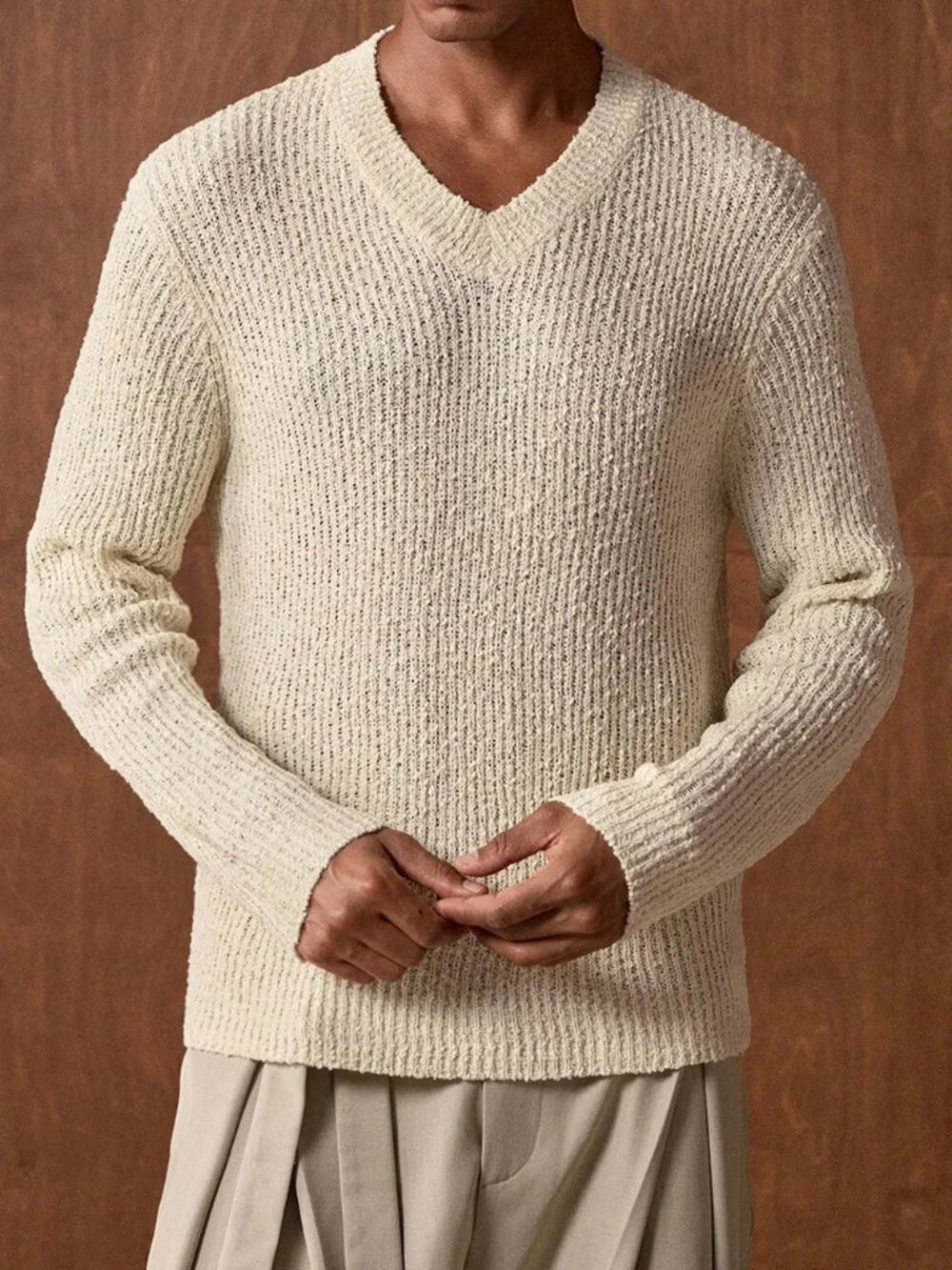 Apricot Casual Men's Ribbed V-Neck Long Sleeve Sweater